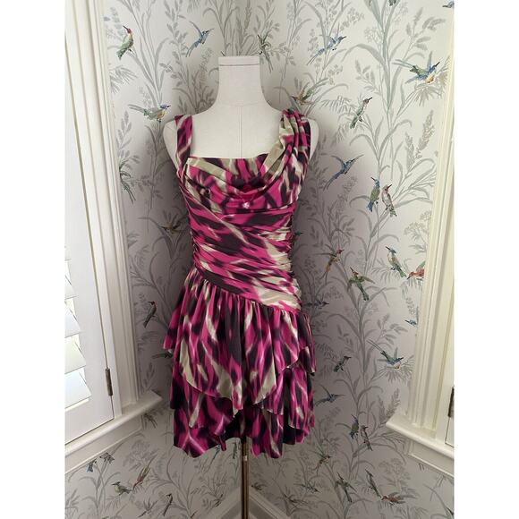 bebe cocktail party Asymmetric dress Pink Brown Floral Size 8 EUC - Picture 1 of 7